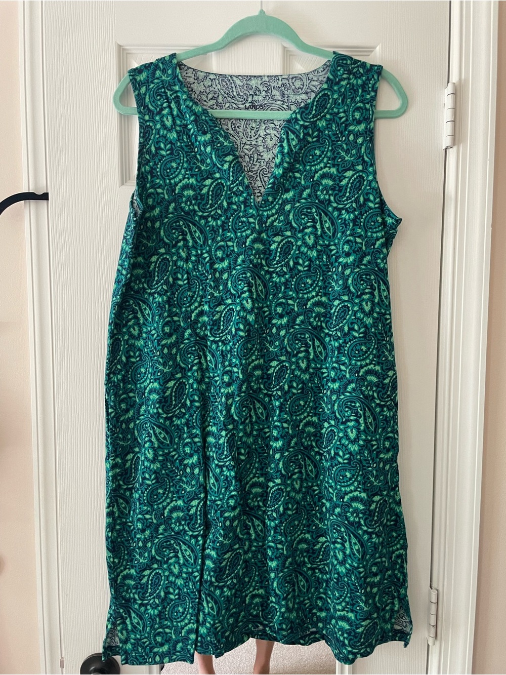 Lands' End Teal Cotton Paisley V-Neck Midi Dress